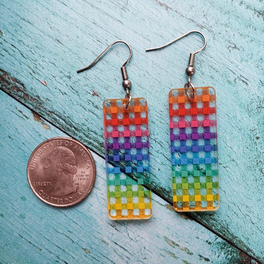 Rainbow Plaid Large Rectangle Dangle Earrings, Stainless Steel/Acrylic, Handmade - Picture 4 of 9